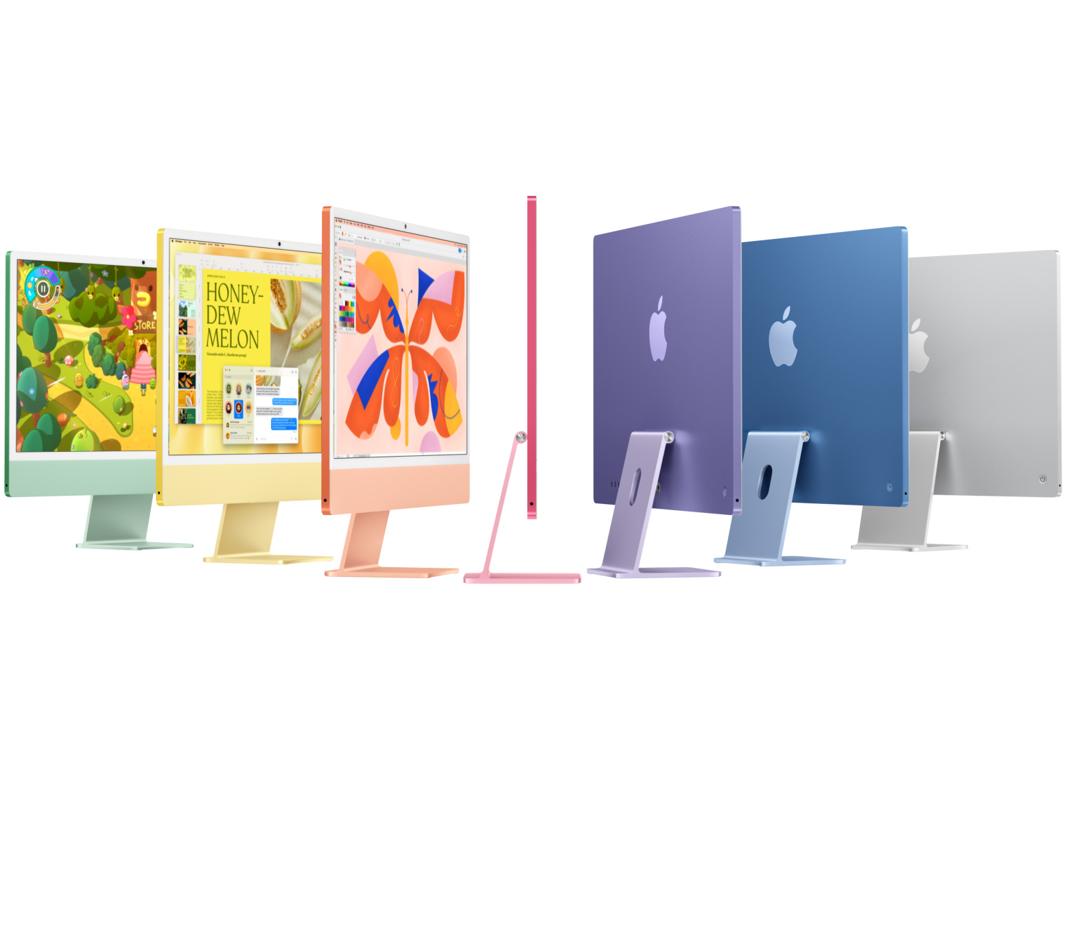 Sete modelos de iMac de cores diferentes (verde, amarelo, laranja, rosa, roxo, azul, prateado) organizados como um acorde?o.