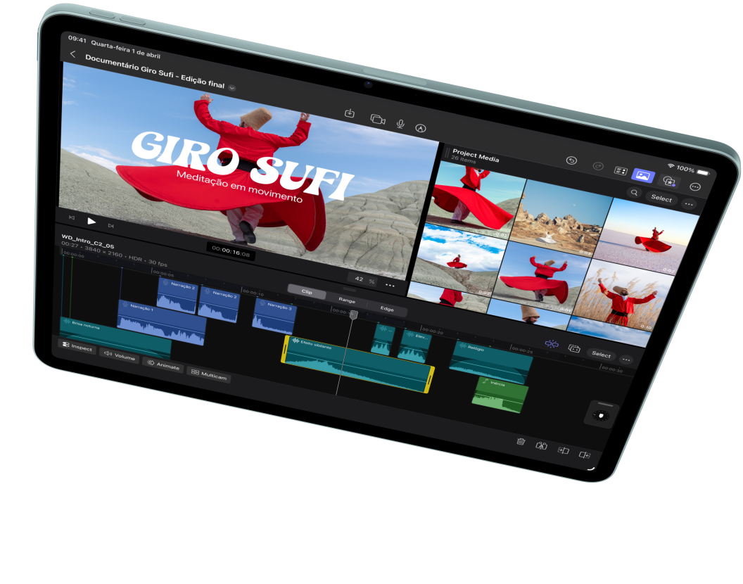 iPad Air na horizontal com a tela mostrando uma edi??o de vídeo no Final Cut Pro