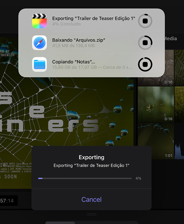 Imagem da parte da frente do iPad Pro preto-espacial na vertical, mostrando na tela tarefas em segundo plano: progresso da exporta??o, download de arquivos e transferência de notas para o backup