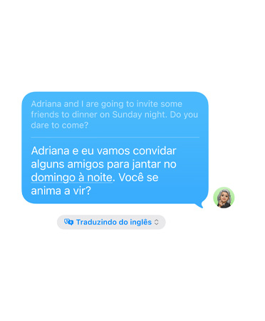 Recurso Tradu??o ao Vivo no Mensagens em uso, mostrando a tradu??o do inglês para o espanhol