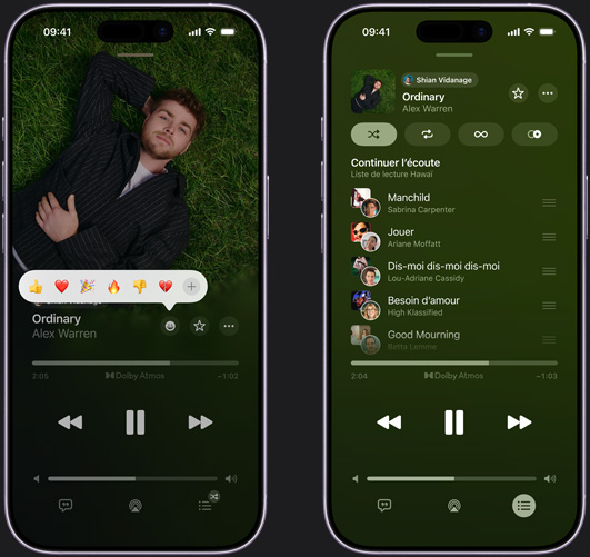 L’iPhone à gauche montre Ordinary de Alex Warren jouant à l’écran avec une bulle de réaction proposant les options suivantes : pouce en l’air, c?ur, célébration, pouce en bas et ajouter une autre réaction. L’iPhone à droite montre une liste de lecture collaborative appelée Sur la route avec plusieurs chansons ajoutées par d’autres personnes