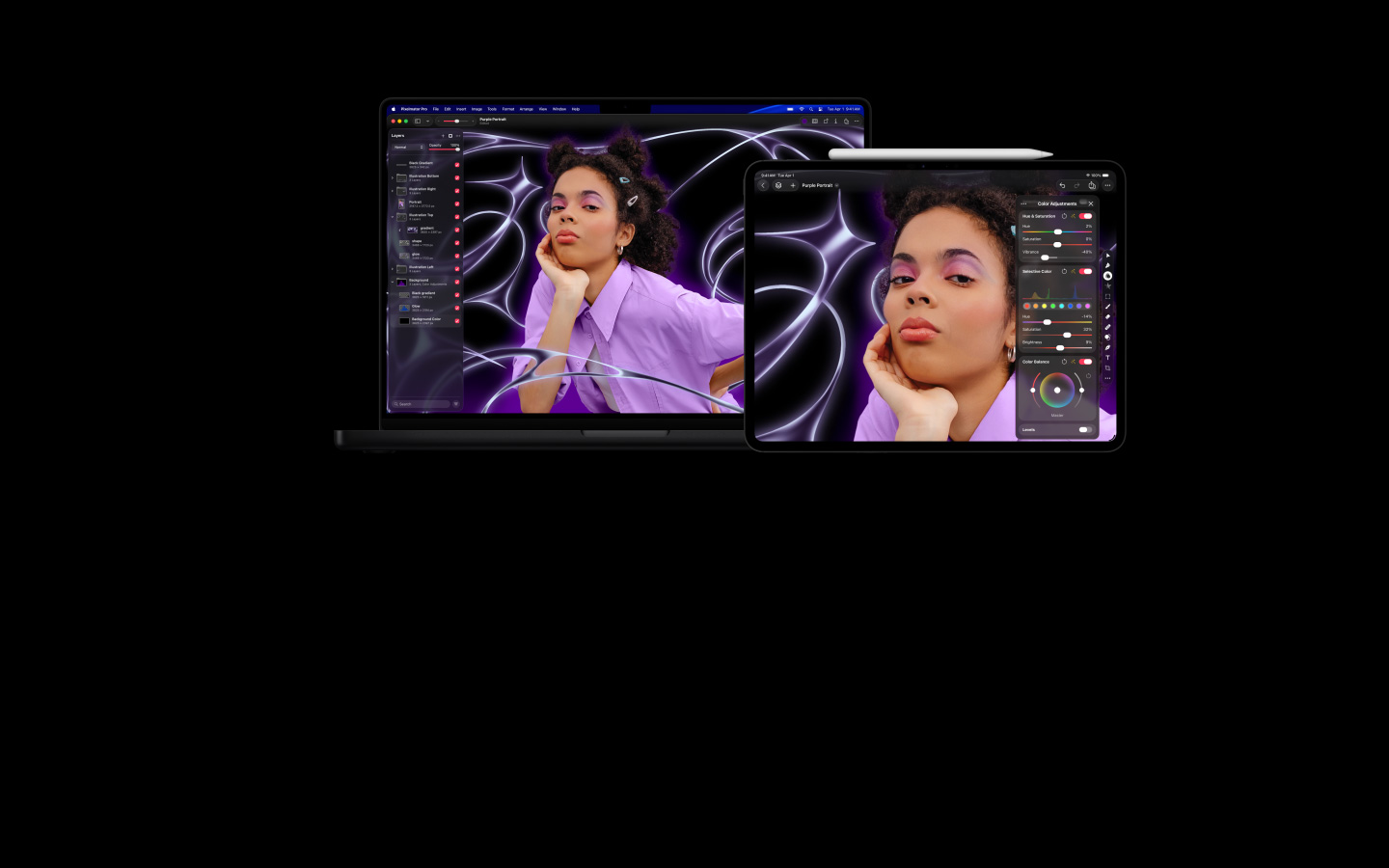 Image d’une personne avec des tresses portant un chandail mauve devant un arrière-plan stylisé abstrait, transition vers un MacBook Pro 16 pouces et un iPad Pro 13 pouces, les écrans montrent l’espace de travail de Pixelmator Pro avec le panneau des calques sur le c?té, édition d’image