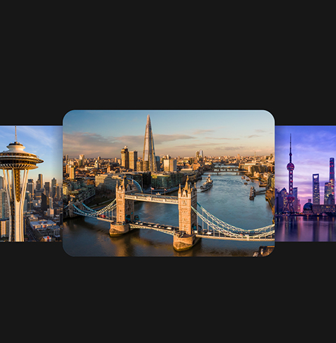 Luftaufnahmen von Seattle, London und Shanghai.