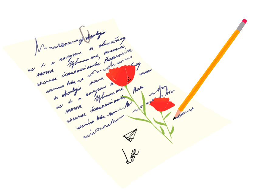 Cartas escritas à m?o com ilustra??es, também feitas a m?o, flutuando sobre o quadro.