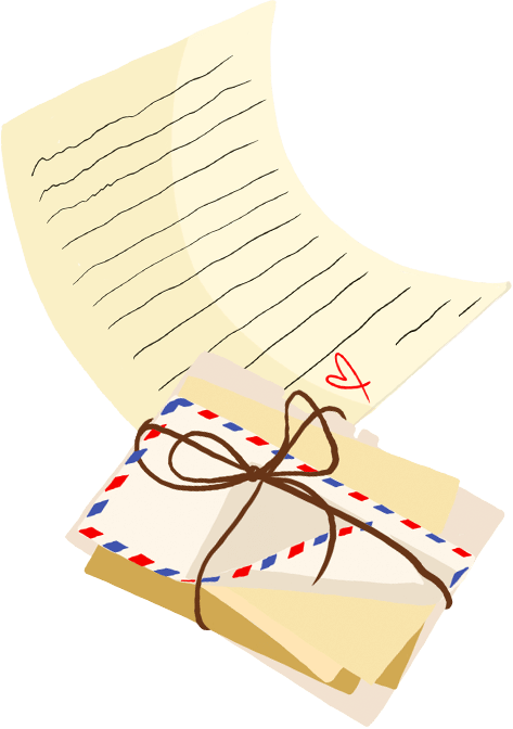 Cartas escritas à m?o com ilustra??es, também feitas a m?o, flutuando sobre o quadro.