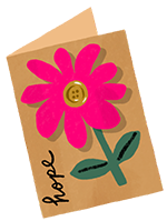Eine selbst gemachte Gru?karte mit einer gro?en bunten Blume auf der Vorderseite