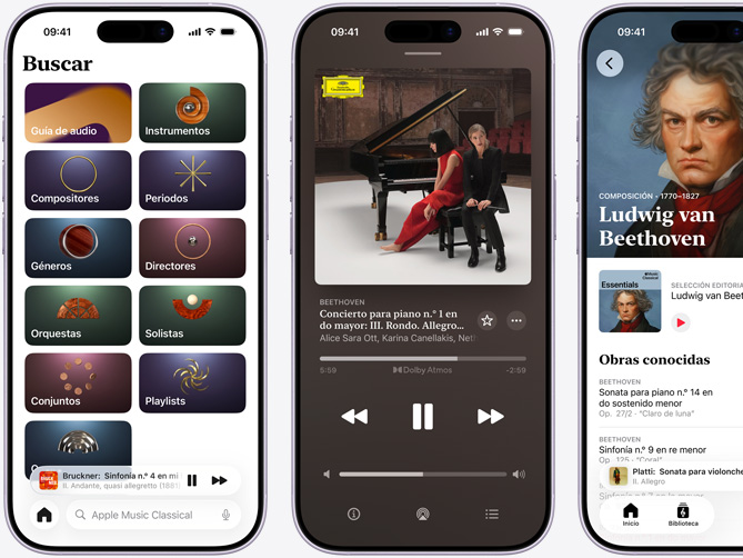 Un iPhone a la izquierda muestra la pesta?a Explorar de Apple Music Classical con la pesta?a Catálogo seleccionada con las categorías Compositores, Periodos, Géneros, Directores, Orquestas, Solistas, Conjuntos y Coros. Un iPhone en el medio muestra el concierto para piano n.o 1 en do mayor, Op. 15: III. Rondo. Allegro scherzando de Beethoven reproduciéndose en Dolby Atmos. Un iPhone a la derecha muestra la página de Ludwig van Beethoven en la categoría Compositor