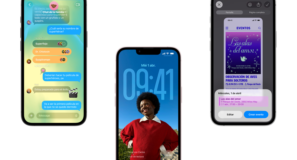 Tres dispositivos iPhone 17e, se muestra la app Mensajes con el dise?o de Liquid Glass, una pantalla bloqueada dinámica, y la funcionalidad Captura de Pantalla con un evento de Calendario en uso