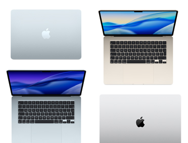 Cuatro modelos de computadores Mac en distintos tama?os y colores que muestran la amplia gama de opciones de personalización