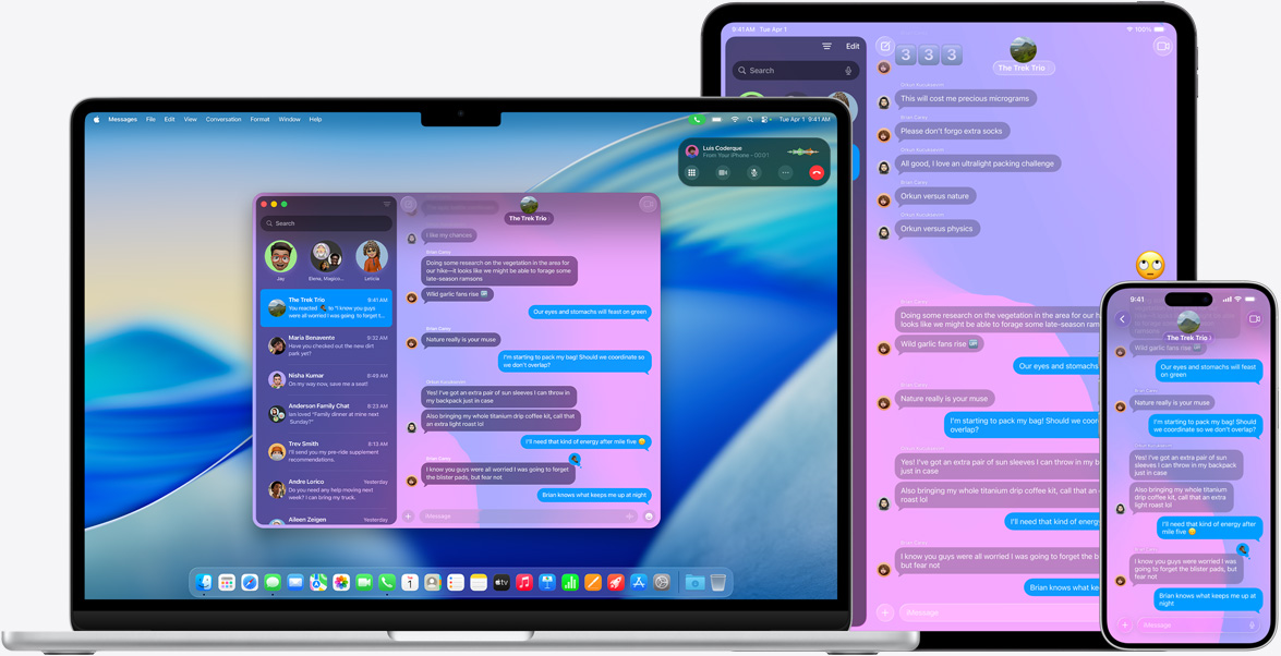 Produkty Apple: 15palcovy MacBook Air, 13palcovy iPad Pro a iPhone 16 Plus, stejná konverzace iMessage zobrazená na v?ech obrazovkách