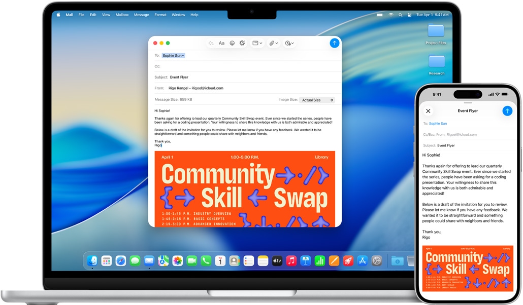iPhone 16 Plus a 13palcovy MacBook Air, otev?ená aplikace Mail, na obou obrazovkách je stejny rozepsany e?mail