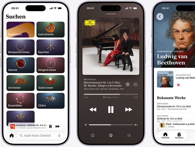 Das iPhone auf der linken Seite zeigt den Apple Music Classical Tab ?Entdecken“ mit dem ausgew?hlten Katalog Tab mit den Kategorien Komponist:innen, Epochen, Genres, Dirigent:innen, Orchester, Solist:innen, Ensembles und Ch?re. Das iPhone in der Mitte zeigt Beethovens Klavierkonzert Nr. 1 in C?Dur, Op. 15: III. Rondo. Allegro scherzando in Dolby Atmos. Das iPhone auf der rechten Seite zeigt die Komponistenseite von Ludwig van Beethoven.