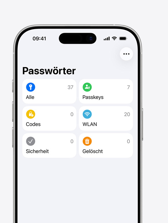 iPhone Display zeigt das Passw?rter Menü mit den Optionen Alle, Passkeys, Codes, WLAN, Sicherheit, Gel?scht