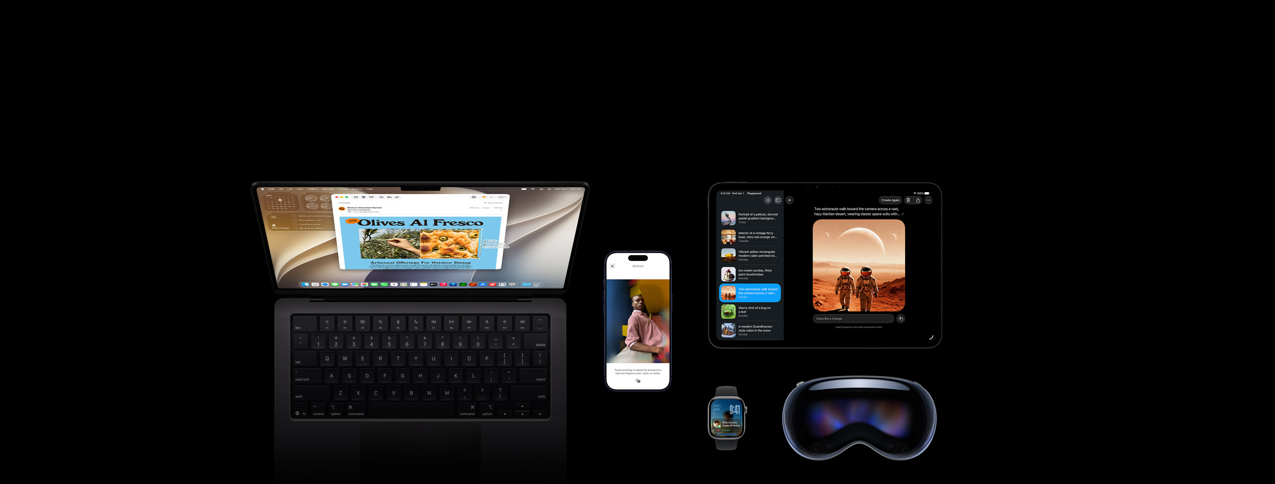 Fünf Produkte: Das iPhone 17 Pro in Tiefblau zeigt das Feature zum Bearbeiten von Fotos mit einem Bild einer Person, die sich gegen eine Theke lehnt, Apple Watch Series 11, 46 mm, Space Grau, zeigt das Datum und den Sperrbildschirm mit einer Erinnerung an einen Geburtstag im Smart Stapel, das 14 Zoll MacBook Pro, Space Schwarz, zeigt eine Demo zur Visuellen Intelligenz mit einem Bildschirmfoto einer Oliven-Focaccia aus einer E?Mail und mehreren Anfragen zum Bild, und das 11 Zoll iPad Pro, Space Schwarz, zeigt Image Playground mit dem Bild von zwei Astronauten, das aus einer Liste in der Seitenleiste ausgew?hlt wurde, Apple Vision Pro, Vorderansicht