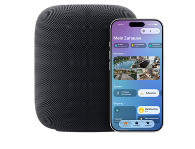 Ein mitternachtsblauer HomePod mit iPhone, das die Benutzeroberfl?che ?Mein Zuhause“ in der Home-App anzeigt