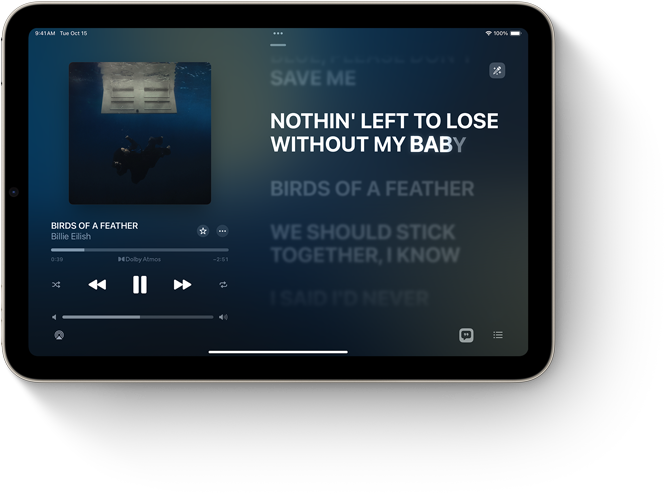 iPad mini, horistontaalpaigutus, ekraanil on Apple Music, milles kuvatakse laulus?nad.