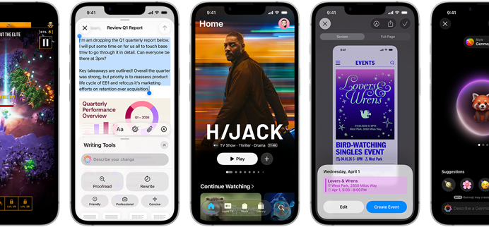 K?rvuti asetsevad iPhone 17e seadmed erinevate ekraanikuvadega: m?ngimisel olev m?ng, Writing Tools t??riist, Apple TV rakendus, loomisel olev kalendrisündmus, loomisel olev Genmoji