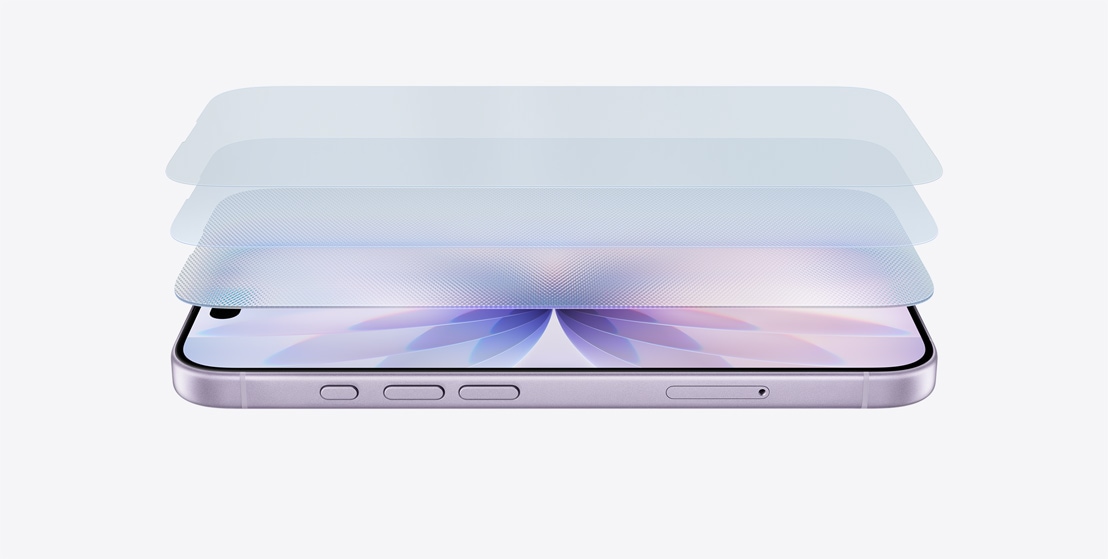 Lavendliv?rvi viimistlusega iPhone 17 horisontaalses küliliasendis, kihilise disainiga t?stetakse esile Ceramic Shield 2