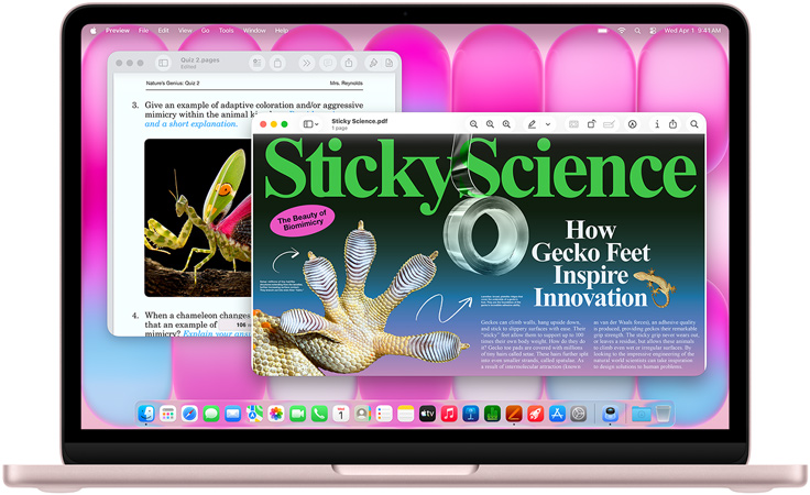 MacBook Neo, toonis ?rnroosa, ekraanil on artikkel biomimikrist ja sarnasel teemal viktoriin