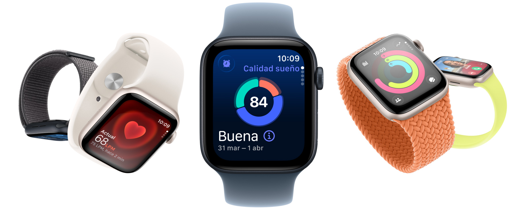 Modelos de Apple Watch SE 3, cajas de aluminio, color blanco estrella y medianoche, pantallas: app Constantes Vitales, app Frecuencia Cardiaca, Calidad del Sue?o, anillos de Actividad, llamada entrante