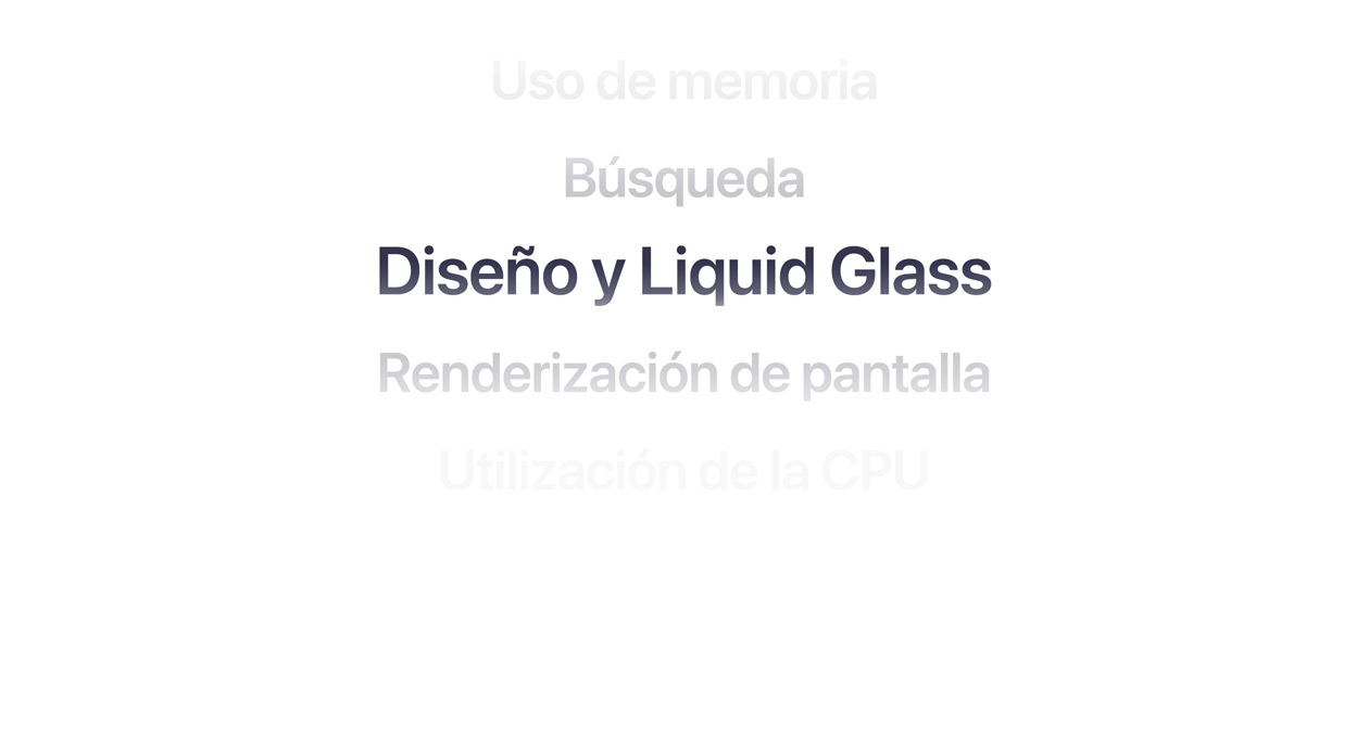 Texto que muestra distintas mejoras en el sistema operativo, como el uso de memoria, las búsquedas, el dise?o con Liquid Glass, el renderizado en pantalla y la utilización de la CPU