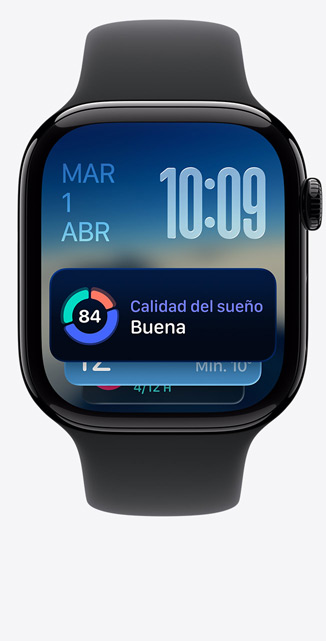 Apple Watch Series 11, caja de aluminio, color negro azabache pulido, Grupo Inteligente, alerta de Calidad del Sue?o, lateral derecho, Digital Crown, correa deportiva negra