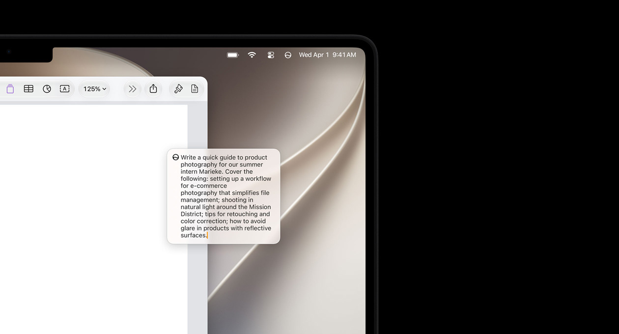 Canto superior esquerdo de um iPad. O ecr? apresenta um documento aberto na app Pages e uma sugest?o do recurso ?Write with Siri? para redigir texto.