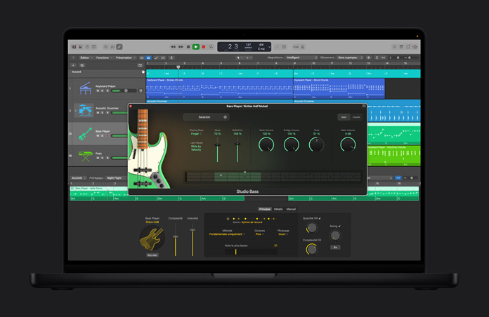écran d’un MacBook Pro 16, interface Logic Pro avec l’IA Session Players et une fenêtre ouverte intitulée Bass Player: Sixties Half Muted affichant différents niveaux de volume