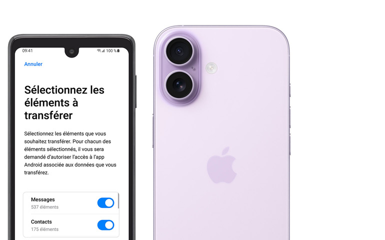 C?te à c?te, écran Android affichant l’app Migrer vers iOS, iPhone 17, face arrière, système avancé à deux caméras dans le coin supérieur gauche