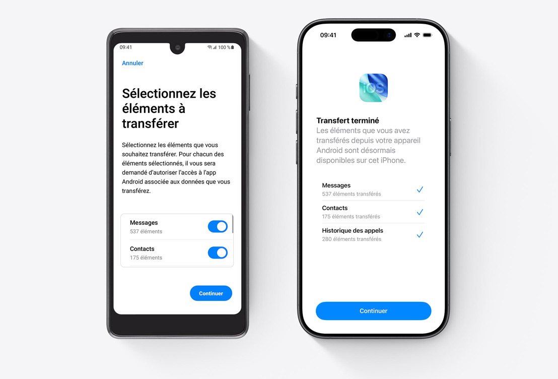 C?te à c?te, téléphone Android affichant l’app Migrer vers iOS, iPhone affichant l’app Migrer vers iOS