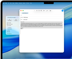 Οθ?νη MacBook Air που δε?χνει τα Εργαλε?α Συγγραφ?? του Apple Intelligence να συντ?σσουν ?να email