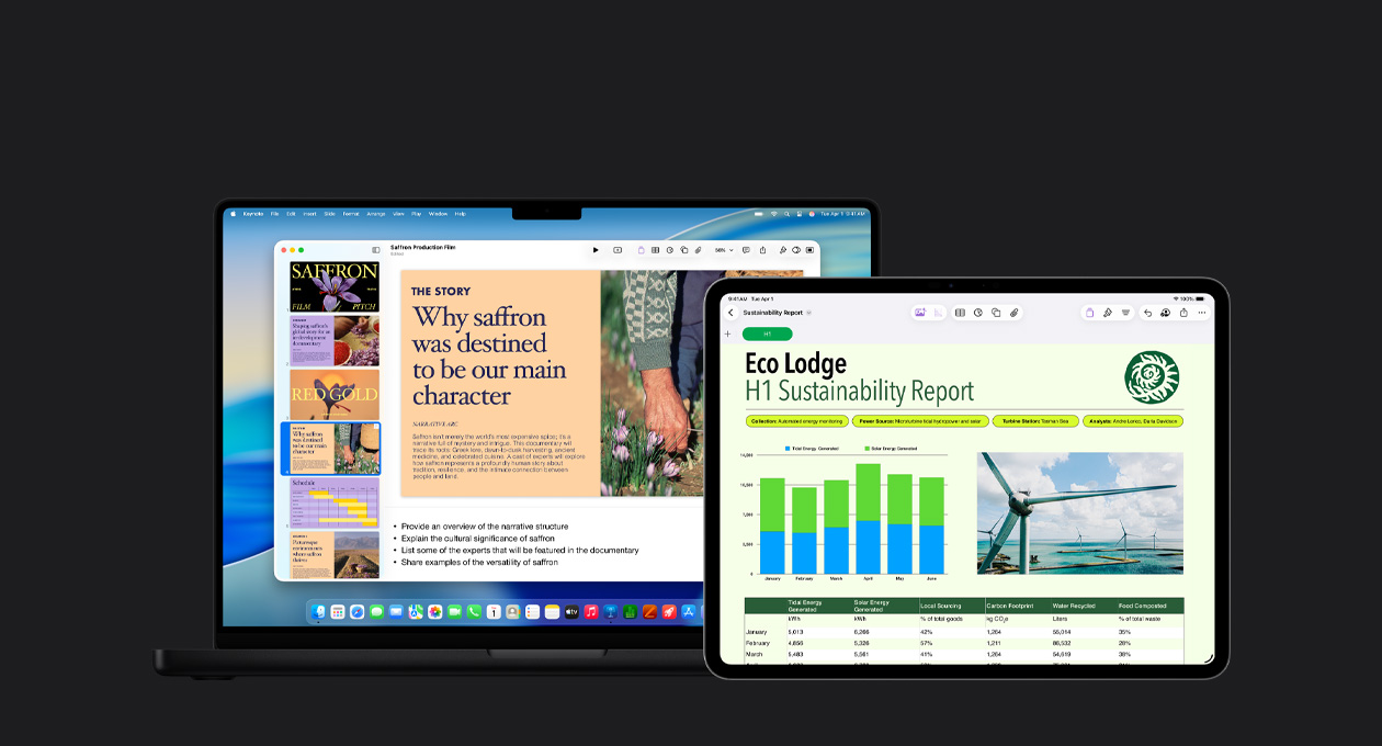 13 吋 iPad Pro 螢幕顯示幻燈片上的報告，上面有圖表、表格和圖形；16 吋 MacBook Pro 螢幕顯示 Keynote 簡報，左側為多張幻燈片，底部為生成的演講者筆記。