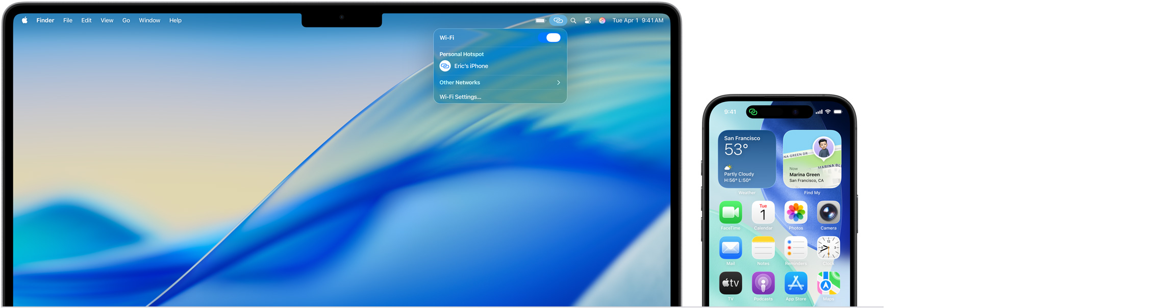 14 吋 MacBook Pro，已從選單列開啟控制中心，個人熱點連接顯示：「Eric's iPhone」；iPhone 16 螢幕左上方顯示個人熱點的綠色圖示