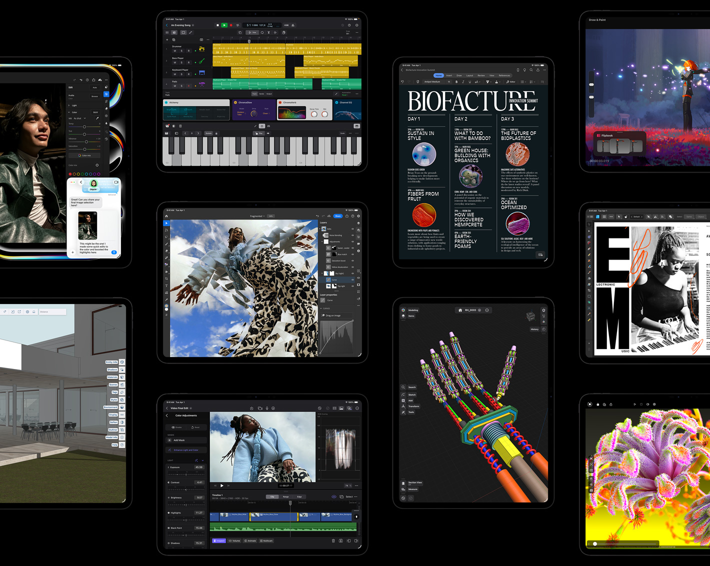 Vi?e zaslona iPada Pro prikazuje iPadOS aplikacije s otvorenim projektima, uklju?uju?i Logic Pro, Adobe Lightroom, Adobe Photoshop, Final Cut Pro, Trimble SketchUp, Microsoft Word, Procreate Dreams, Affinity Designer 2, Shapr3D i Octane X