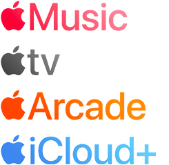 El?fizetéses Apple-szolgáltatások logói: Apple Music, Apple TV, Apple Arcade és iCloud+