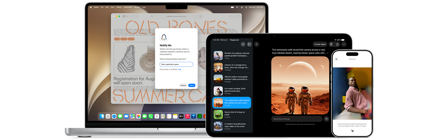 Három termék, k?ztük egy 14 hüvelykes ezüstszín? MacBook Pro, amelyen az értesítést kérek funkció van használatban, egy 11 hüvelykes ezüstszín? iPad Pro, amelyen az Image Playground oldalsávján található listából kiválasztott két ?rhajós képe látható, valamint egy ezüstszín? iPhone 17 Pro, amelyen az átkeretezés funkcióval szerkesztenek egy pultra támaszkodó emberr?l készült képet.