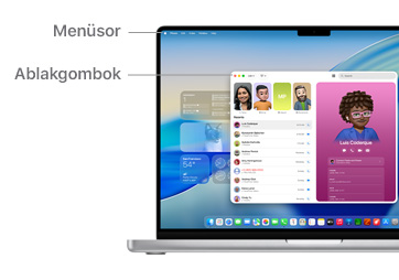 A macOS navigációs lehet?ségeir?l készült bemutató, benne a MacBook képerny?jének tetején található menüsorral és a Dockkal.