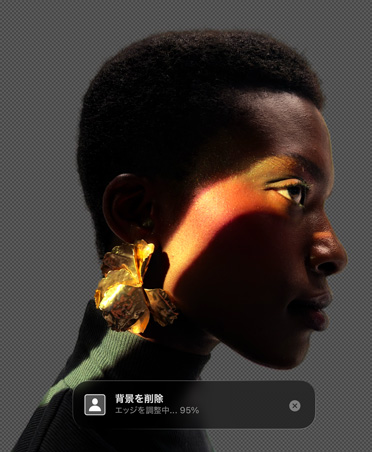 人物の橫顔の畫像と「Background Removal」ツールが表示されたPixelmator Proのインターフェイス