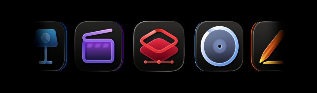 Apple Creator Studioアプリのアイコン。Final Cut Pro、Pixelmator Pro、Logic Pro、Pages、Compressor、MainStage、Numbers、Motion、フリーボード、Keynote