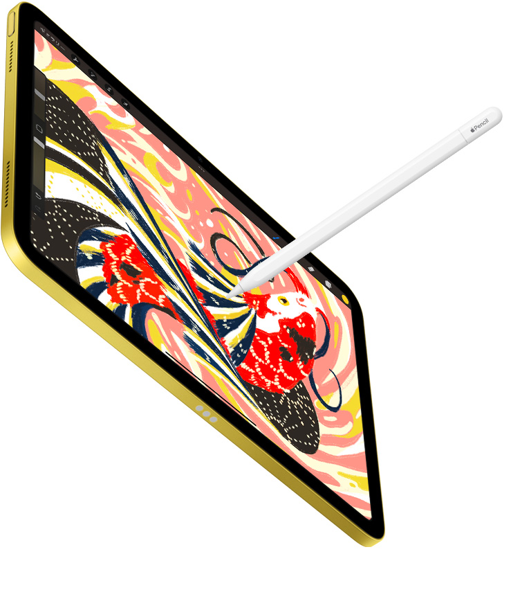 iPad上のProcreateアプリにカラフルな魚(yú)のイラストが表示されている。Apple Pencilを使ってiPad上に描き込んでいる