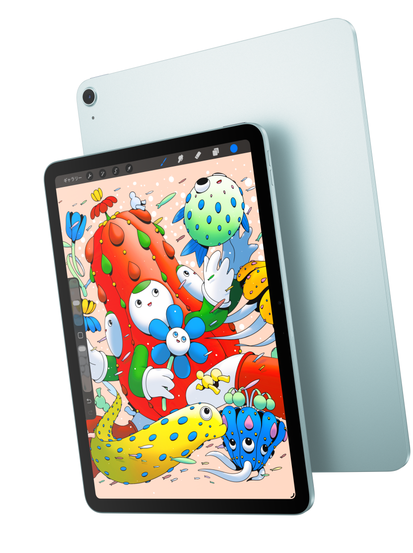 背面の外観が見えているブルーのiPad Airの手前に重なった、iPad Airの前面の外観。Procreateが表示された11インチモデルを紹介している