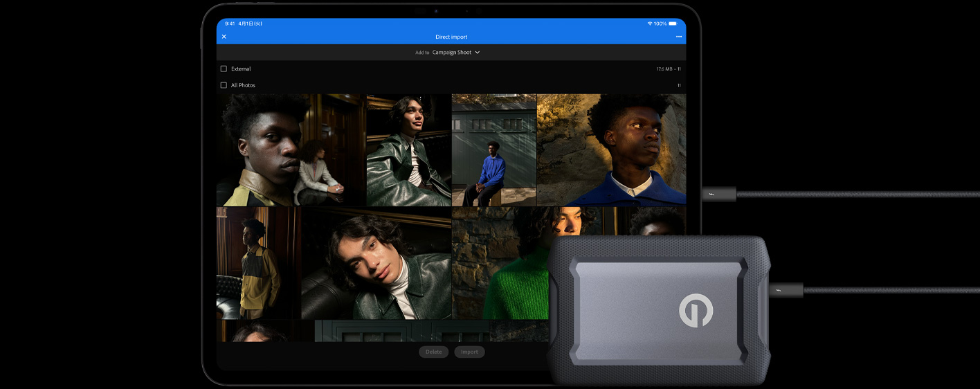 iPad Proの前面の外観、橫向き、カラーはスペースブラック。ケーブルでUSB-Cの外部ハードドライブに接続されている。ディスプレイには「キャンペーン撮影」というフォルダに読み込まれたモデルの寫真が表示されている