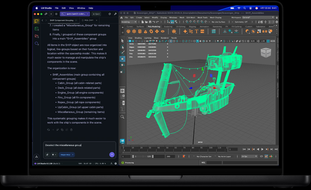 MacBook Proの畫面にLM StudioとAutodesk Mayaが表示されている