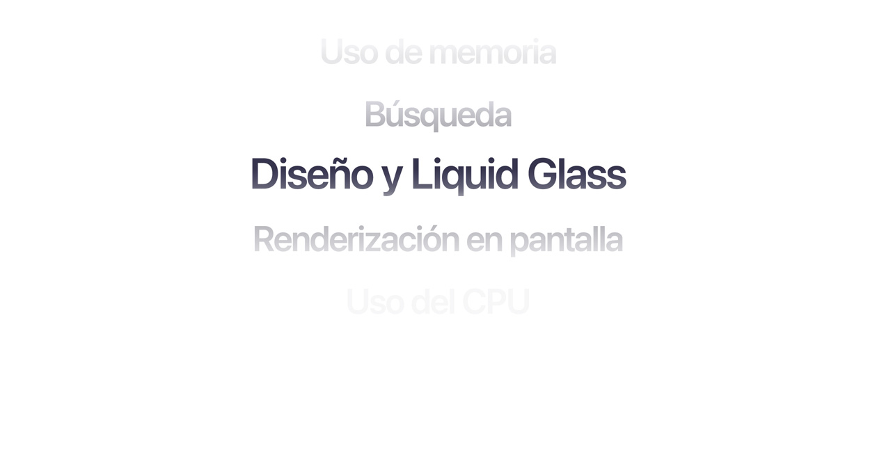 Texto que muestra diferentes mejoras en el sistema operativo, como uso de memoria, búsqueda, dise?o y Liquid Glass, renderización en pantalla y uso del CPU