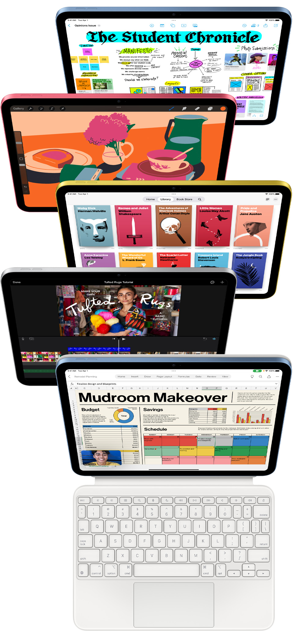 Priekyje esan?iuose ?iPad“ ekranuose rodomos ?vairios programos, ?skaitant ?Freeform“, ?ProCreate“, ?Apple Books“, ?iMovie“ ir ?Excel“ su ?Webex Meetings“.