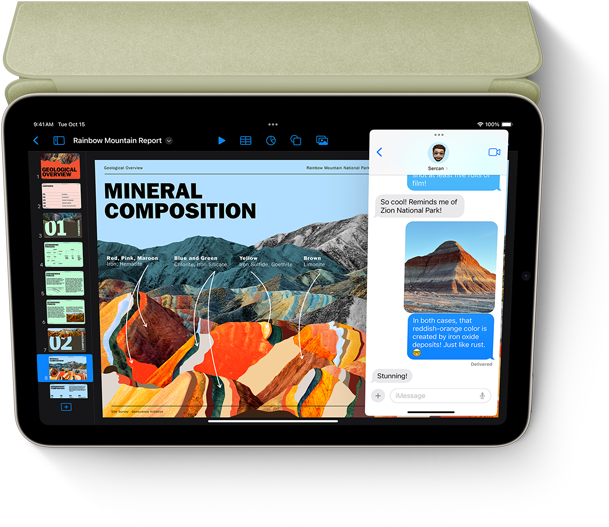 ?iPad mini“ horizontalioje pad?tyje rodomos ?Keynote“ ir ??inut?s“ su ?Slide Over“ funkcija.