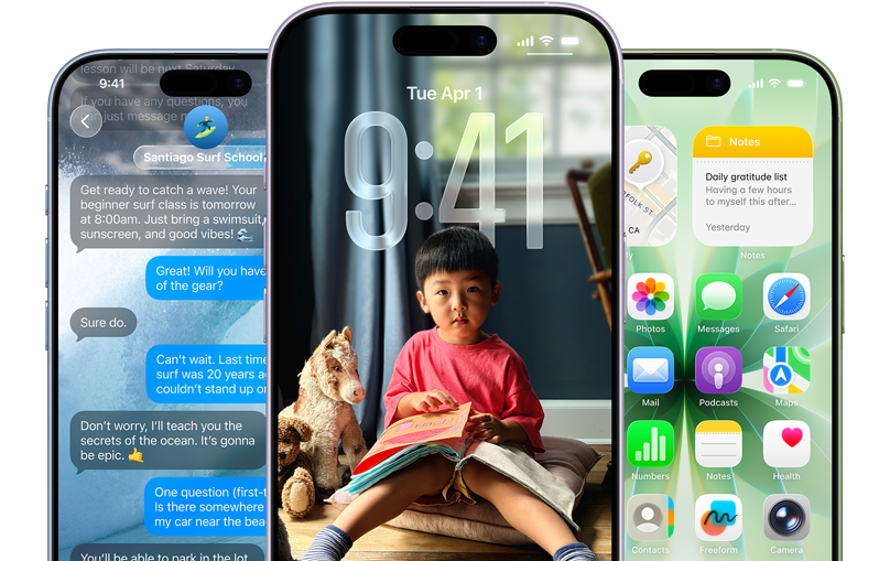 ?iPhone 17“ telefonai i? priekio. Spalvos: m?lynos miglos, levand?, ?alavijo ?alia. ?iOS“ funkcijos – fonas su ?inut?mis, ?Liquid Glass“, rodantis u?rakint? ekran? ir pagrindin? ekran? su ?vairiomis programomis