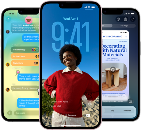 Trys ?iPhone 17e“ telefonai, kuriuose matoma programa ??inut?s“ ir ?Liquid Glass“ dizainas, dinaminis u?rakintas ekranas ir naudojama funkcija ?Visual Intelligence“