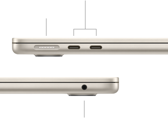 ?MacBook Air“, u?darytas, kair? pus?, demonstruojamas ?MagSafe“ ir du ?Thunderbolt“ prievadai, de?in? pus?, rodoma ausini? jungtis