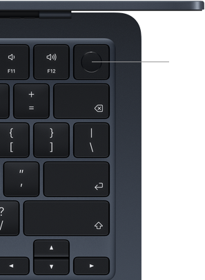 ?MacBook Air“ klaviatūra, vir?utin? de?inioji dalis, demonstruojama ?Touch ID“ mygtuko vieta